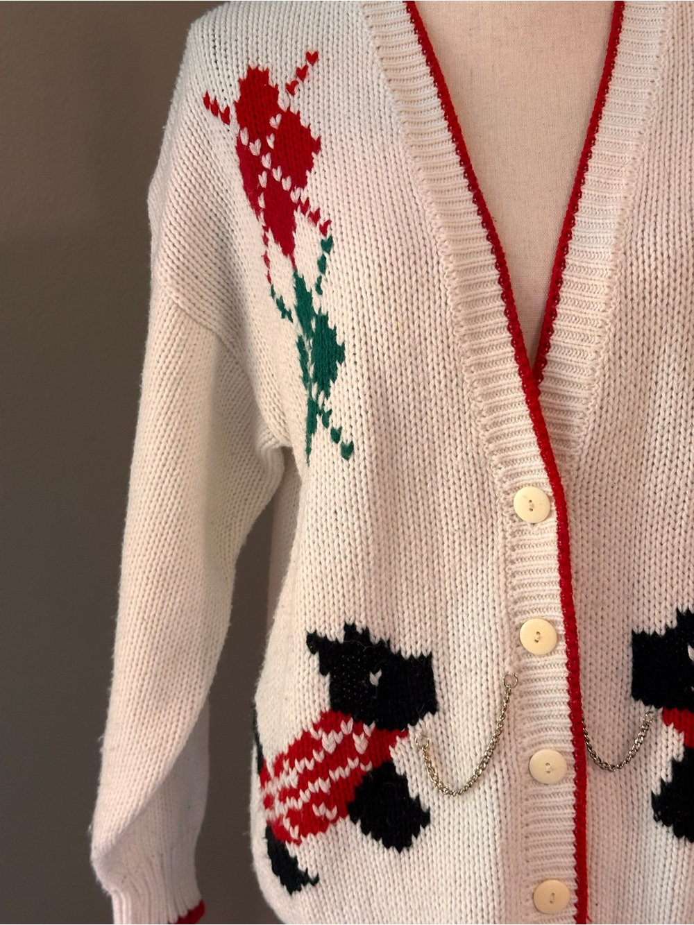 Capsule Vintage Y2K Ivory Knitted Cardigan with Holiday Yorkie Dog Argyle Motif